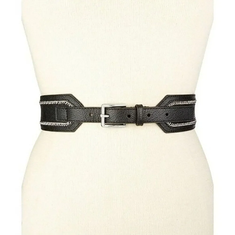 New! MICHAEL KORS Women's Pebbled Leather Black Belt With Chain Trim Size MEDIUM